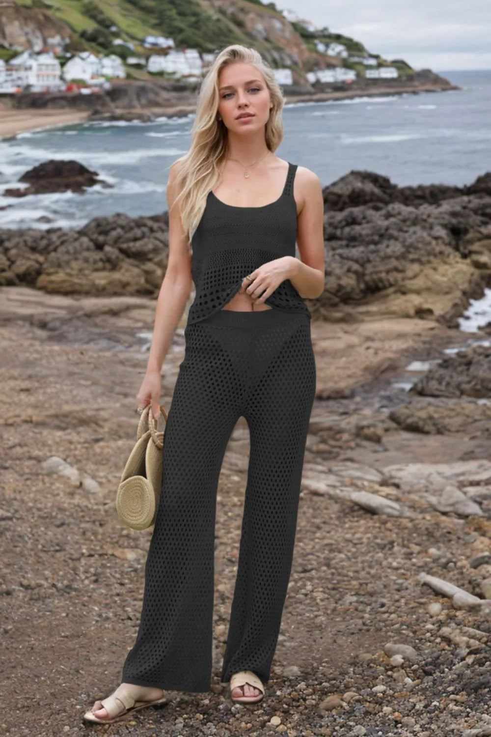 Hollow Out Round Neck Top and Pants Sweater Cover Up Set