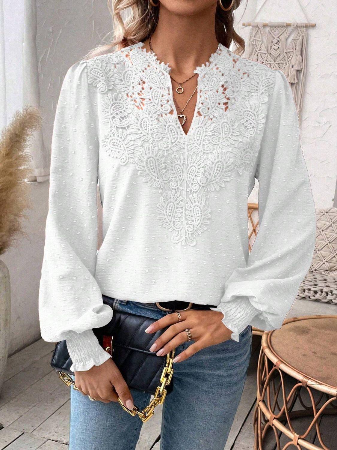 Swiss Dot Lace Detail Notched Long Sleeve Blouse - Clothes For Her Online Store