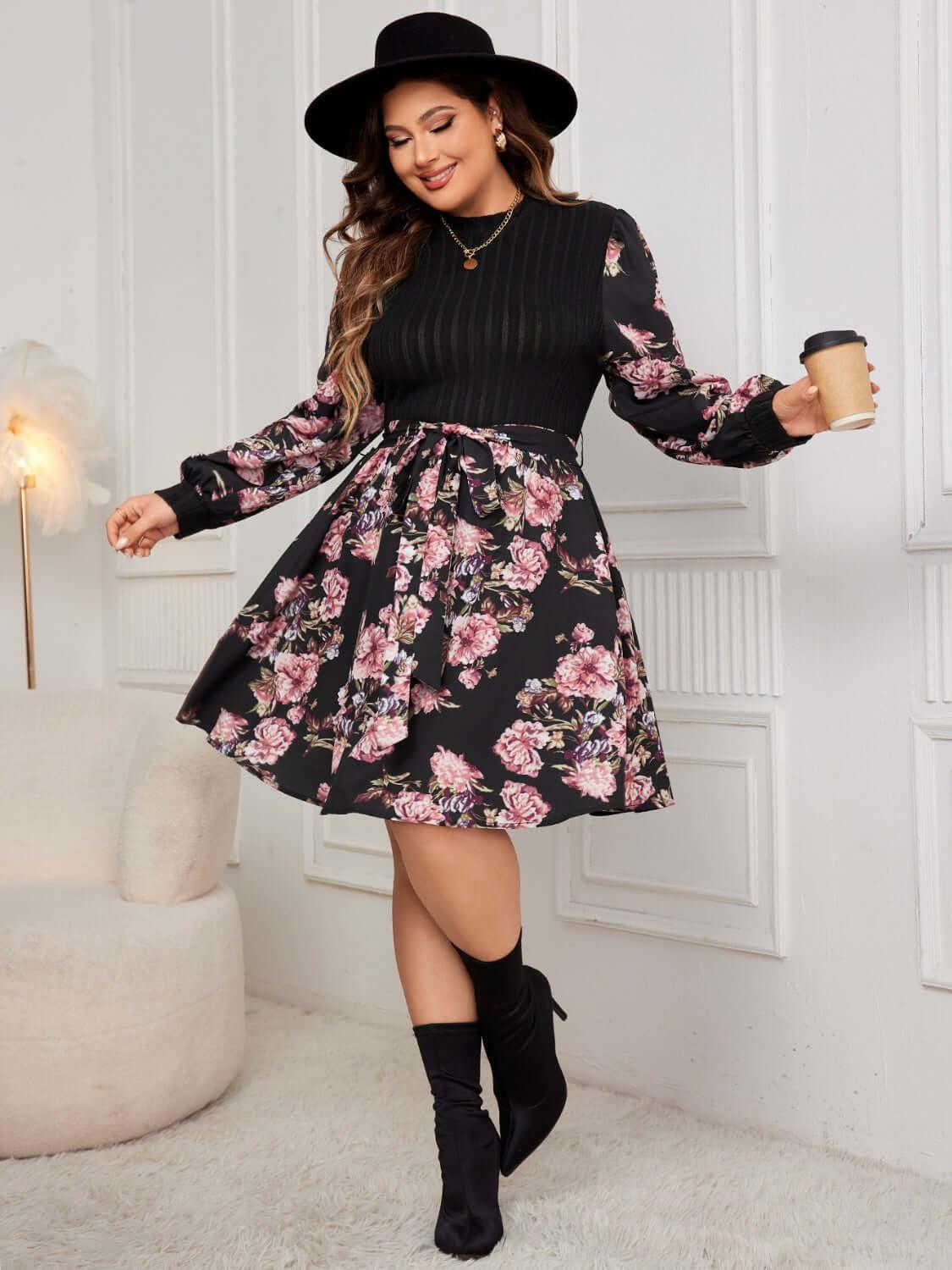 Plus Size Tied Printed Long Sleeve Dress - Clothes For Her Online Store