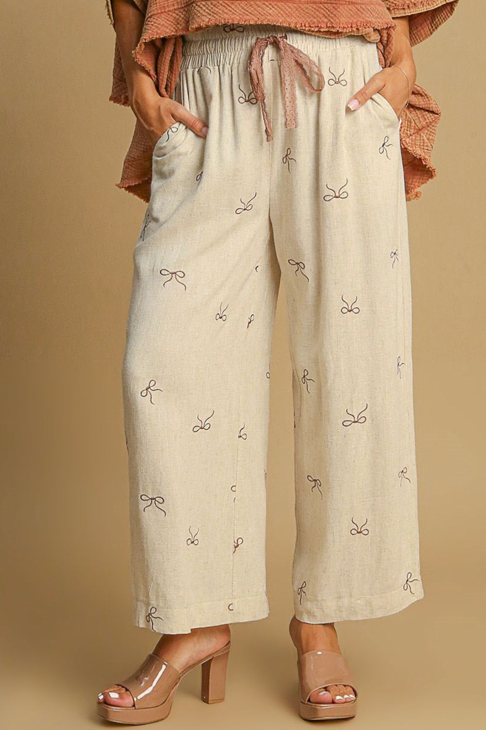 Umgee Full Size Lace Drawstring Embroidered Bow Wide Leg Pants Plus Size - Clothes For Her Online Store