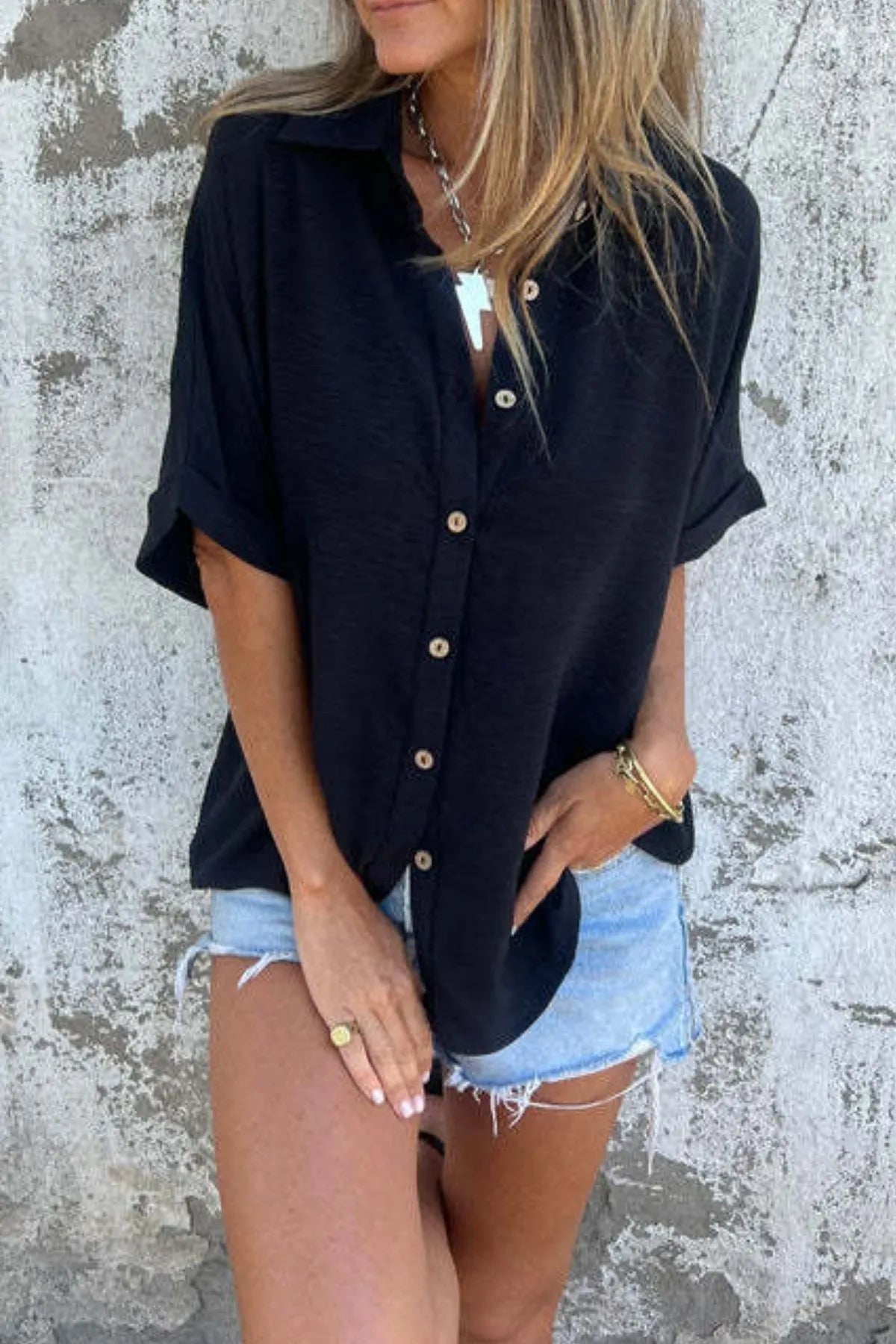Full Size Casual Button Down Short Sleeve Loose Shirt Plus Size
