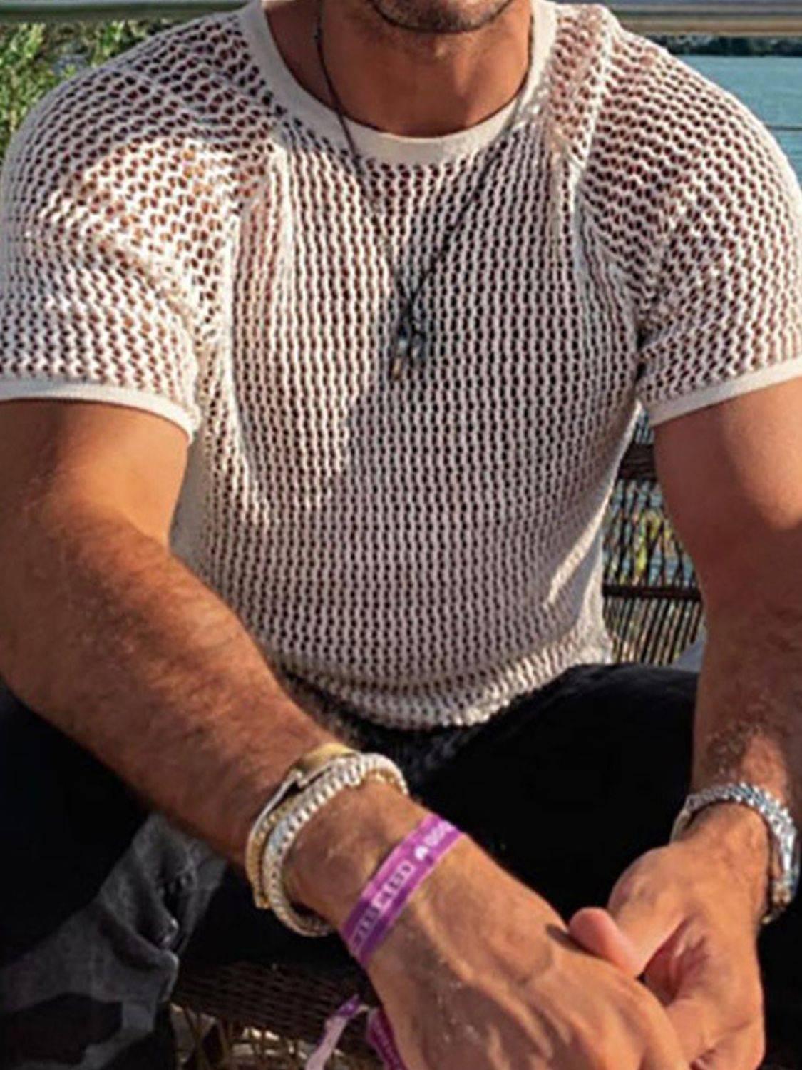 Men's Openwork Round Neck Short Sleeve T-Shirt - Clothes For Her Online Store