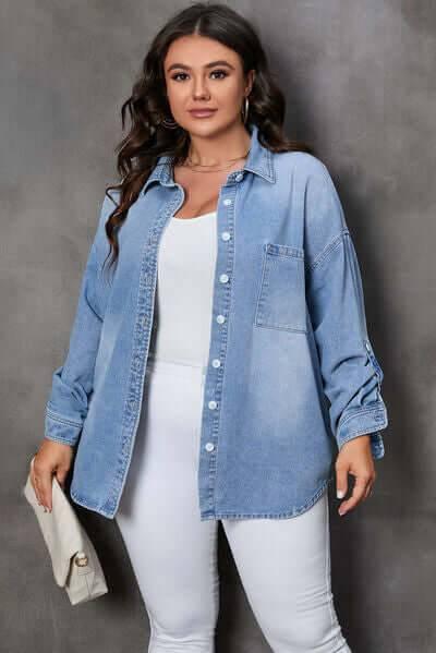 Plus Size Button Up Pocketed Denim Top - Clothes For Her Online Store