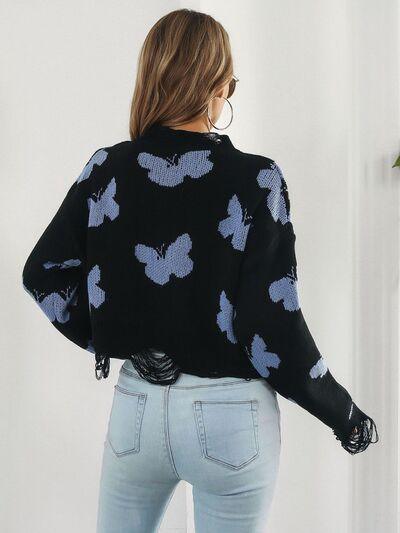 Distressed Butterfly Cropped Sweater - Clothes For Her Online Store