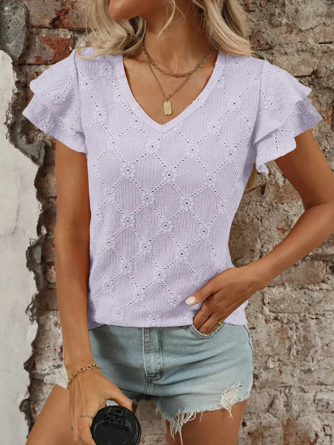 Eyelet V-Neck Ruffled Cap Sleeve Top - Clothes For Her Online Store