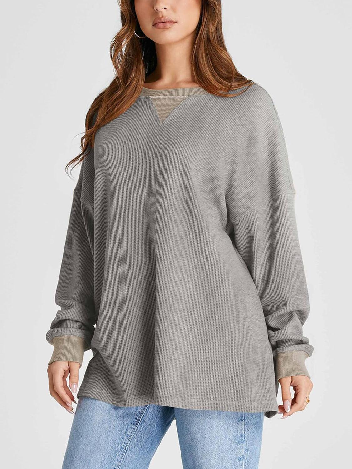 Waffle Knit Round Neck Long Sleeve T-Shirt - Clothes For Her Online Store