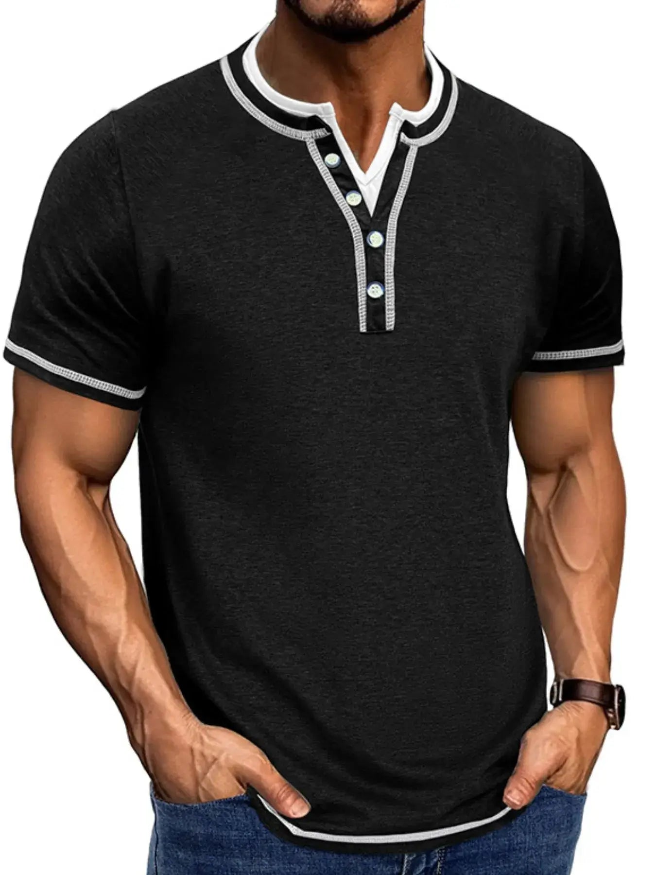 Men's Casual Henley Polo Shirt with Contrast Trim