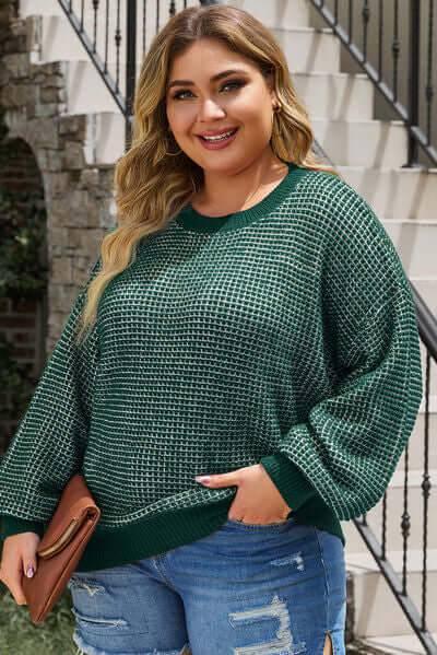 Plus Size Waffle-Knit Round Neck Dropped Shoulder Sweater - Clothes For Her Online Store