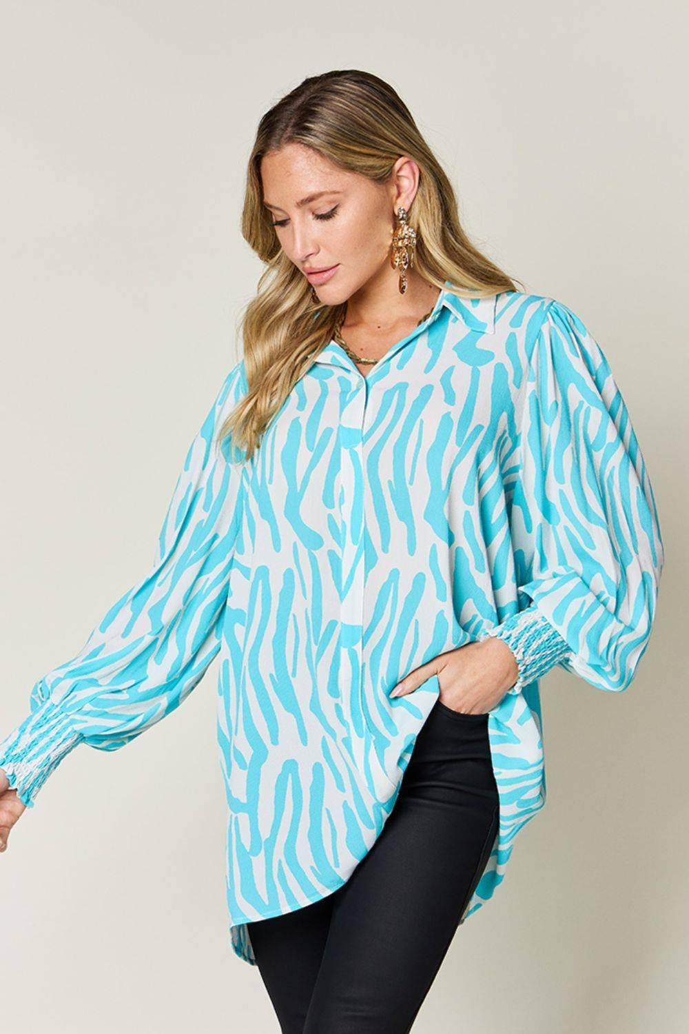Double Take Full Size Printed Smocked Long Sleeve Blouse - Clothes For Her Online Store