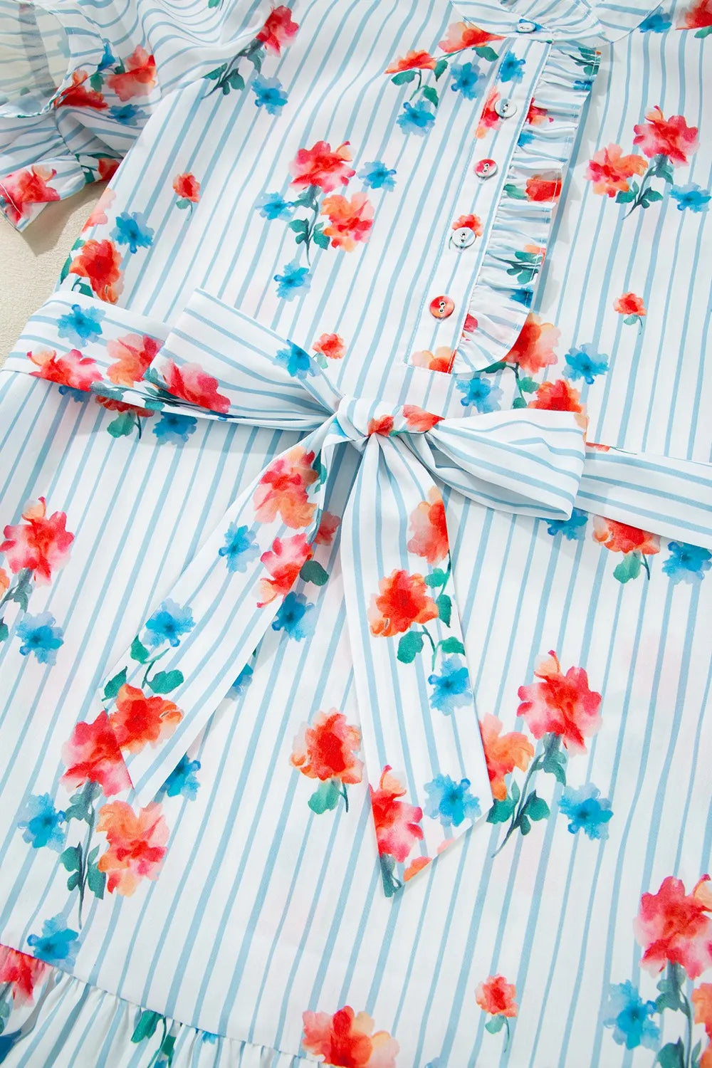 Stripe Floral Pattern Ruffle Short Sleeve Belted Mini Dress