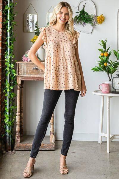 Heimish Full Size Butterfly Short Sleeve Round Neck Ditsy Floral Print Tiered Top Plus Size - Clothes For Her Online Store