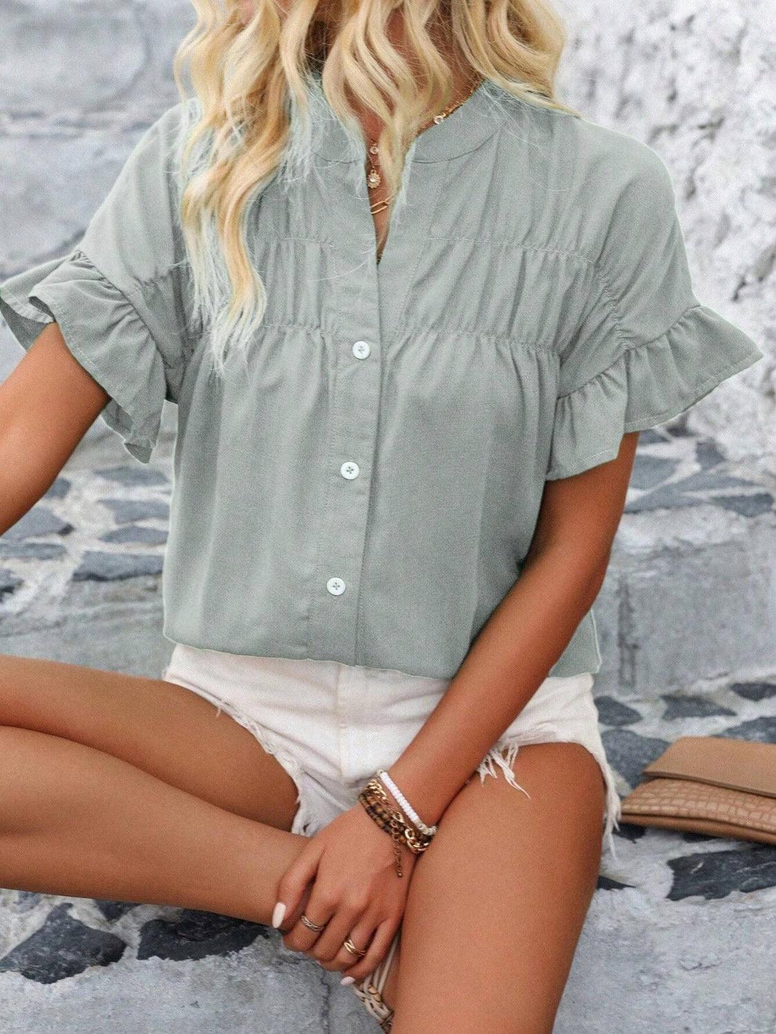 Button Down Ruffled Short Sleeve Shirt - Clothes For Her Online Store
