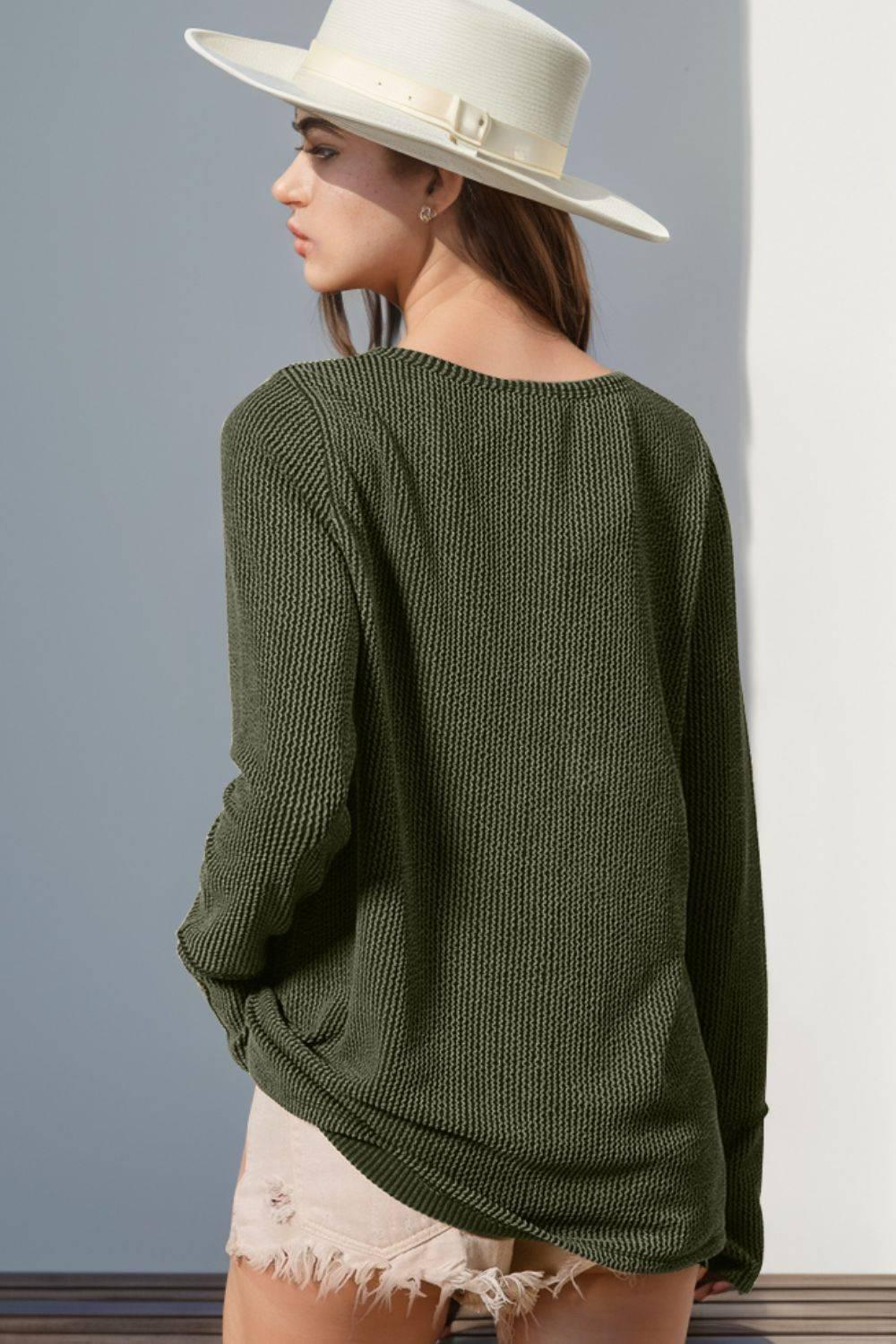 Double Take Full Size Notched Thumbhole Long Sleeve T-Shirt - Clothes For Her Online Store