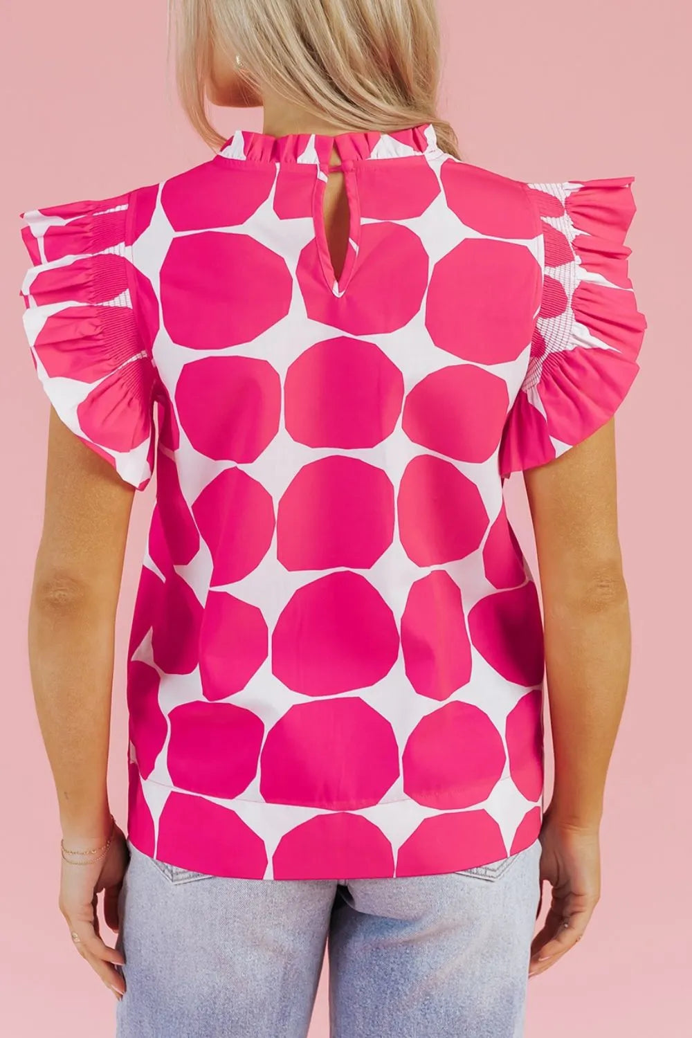Bubblegum Pattern Frilled Collar Flutter Sleeve Top