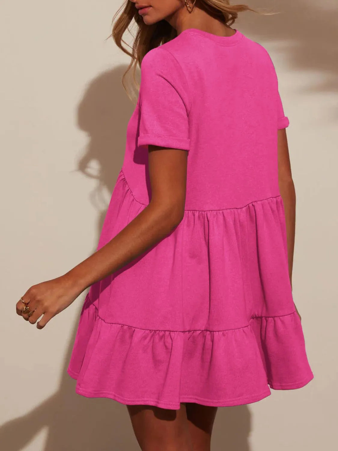 Tiered Round Neck Short Sleeve Mini Dress