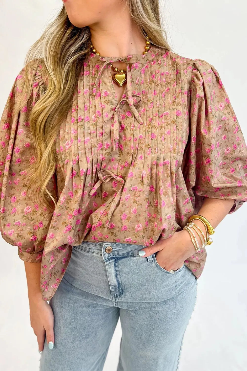Floral Print Bow Pintuck Bust Half Puff Sleeve Blouse Top