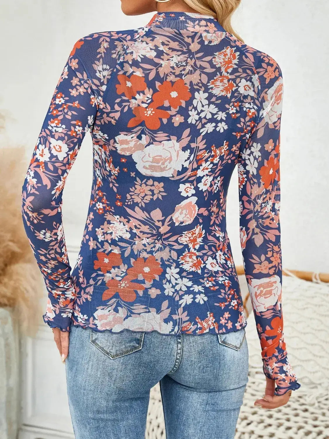 Floral Mock Neck Long Sleeve Top - Clothes For Her Online Store