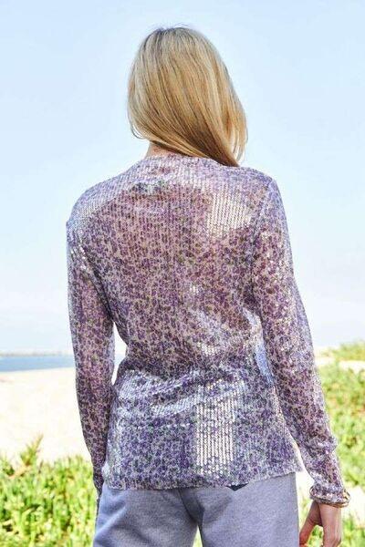 Davi & Dani Sequin Mock Neck Long Sleeve Mesh Top - Clothes For Her Online Store
