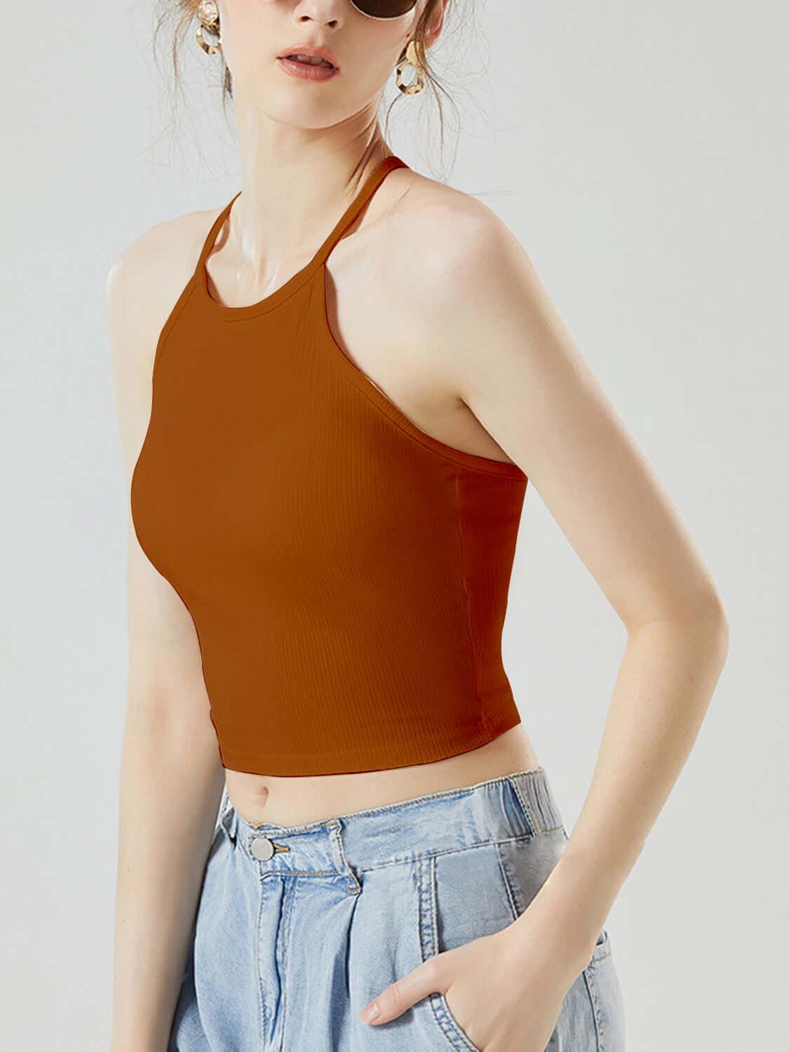 Grecian Neck Cropped Tank with Chest Pads - Clothes For Her Online Store