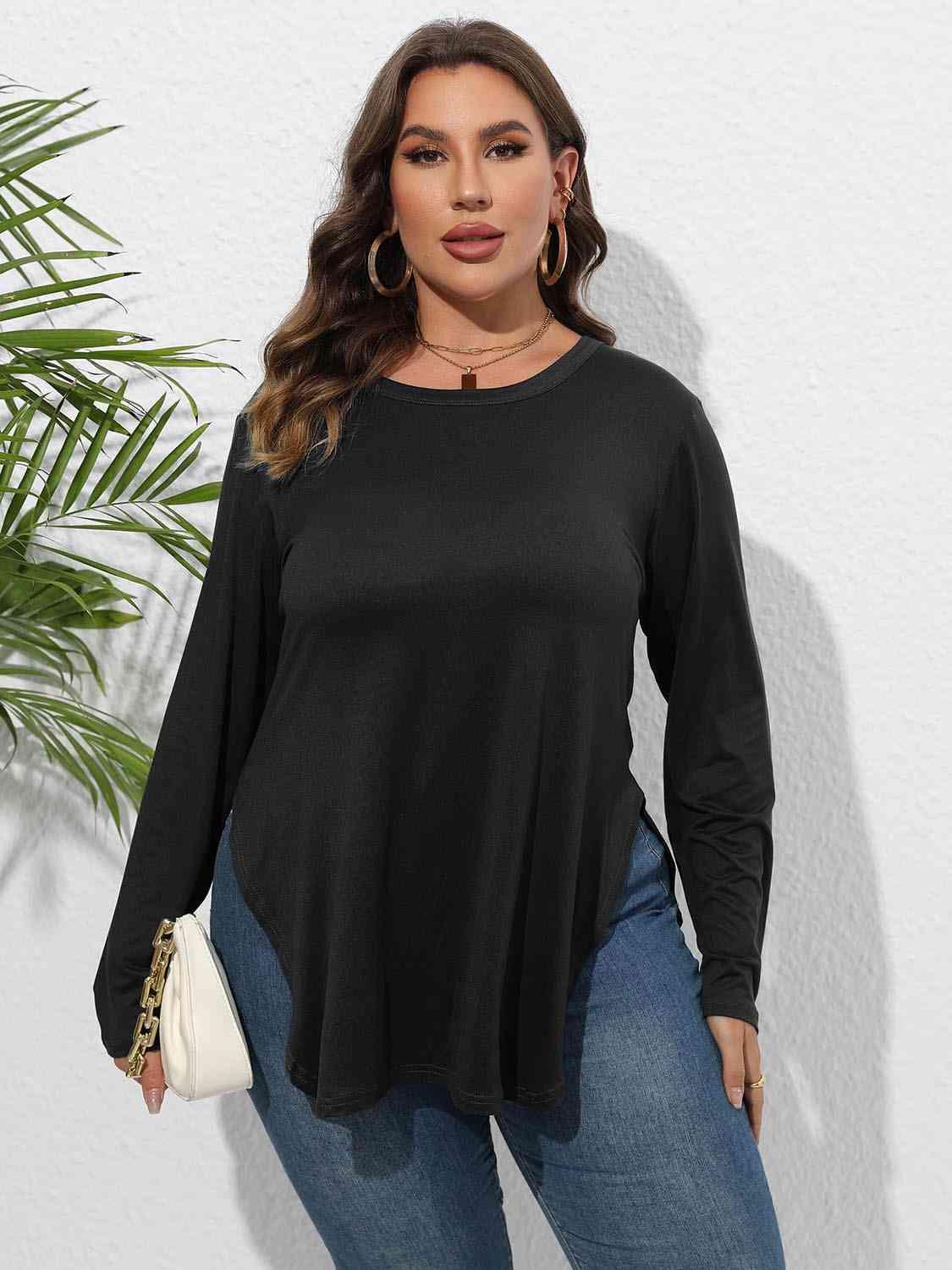 Plus Size Round Neck Long Sleeve Slit T-Shirt - Clothes For Her Online Store