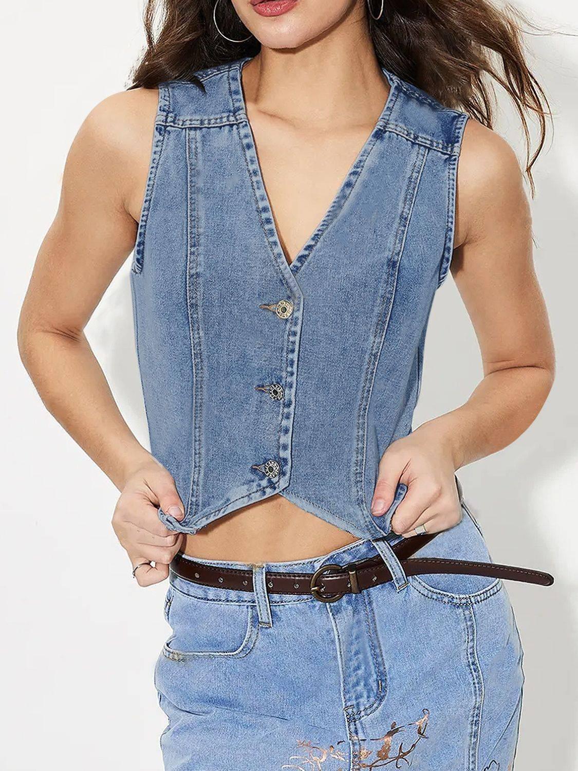 V-Neck Button Up Denim Vest - Clothes For Her Online Store