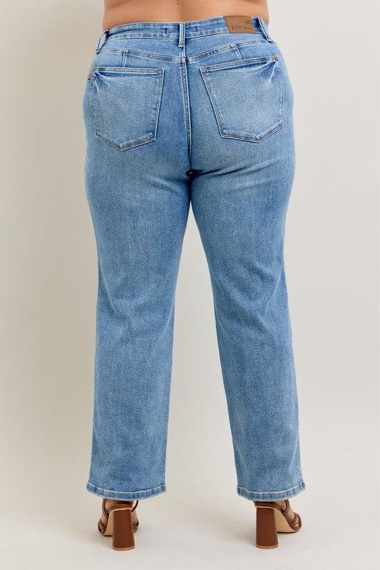 Judy Blue Full Size Tummy Control Vintage Wash Straight Jeans Plus Size - Clothes For Her Online Store