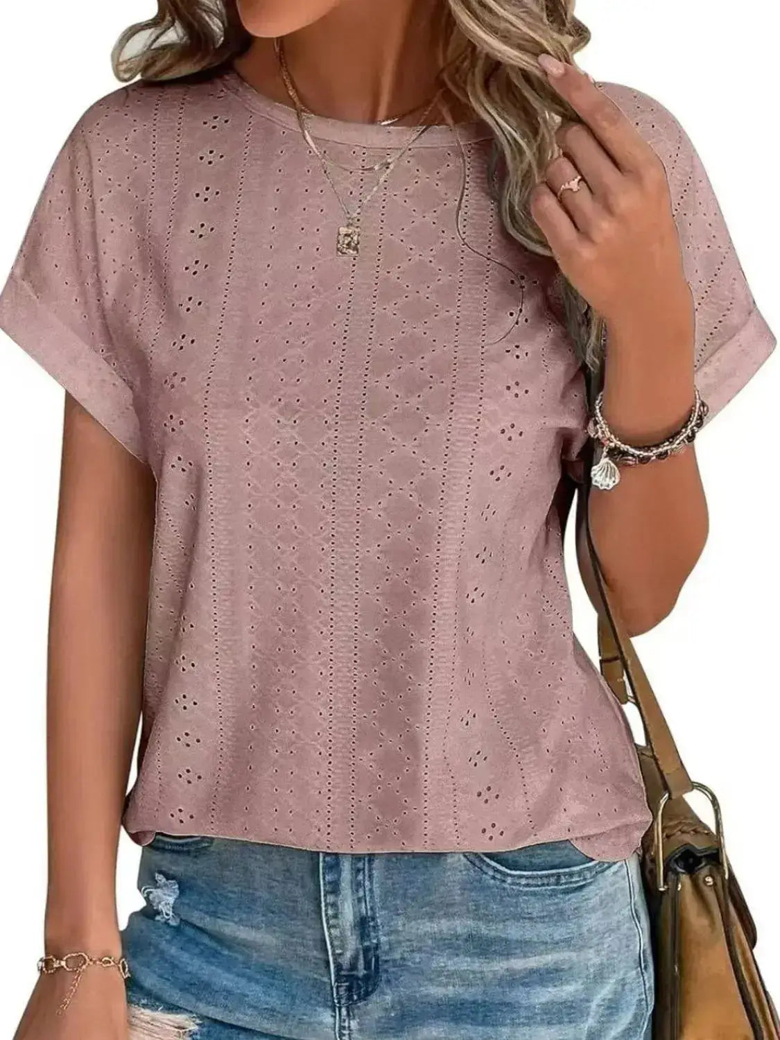 Eyelet Round Neck Short Sleeve Top - Clothes For Her Online Store
