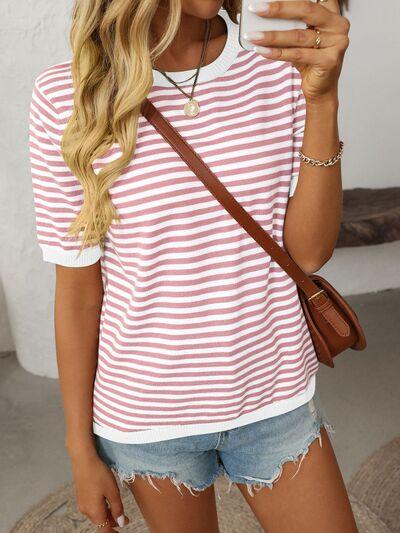 Mandy Striped Round Neck Half Sleeve Knit Top - Clothes For Her Online Store