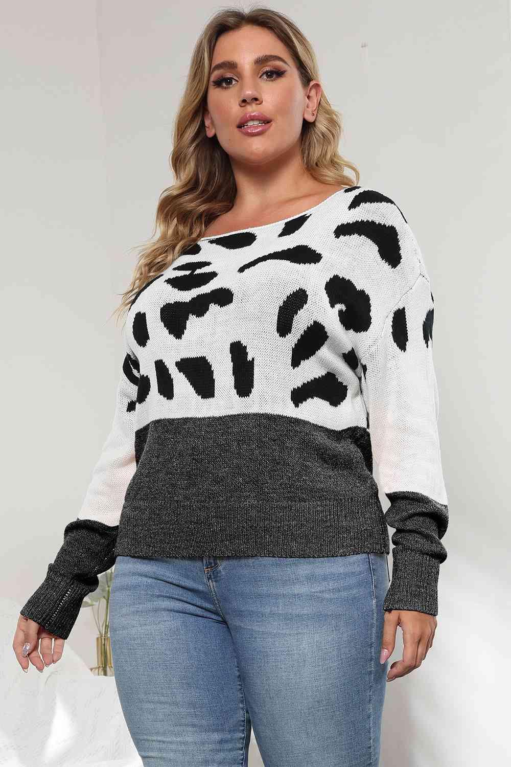 Plus Size Leopard Round Neck Long Sleeve Sweater - Clothes For Her Online Store