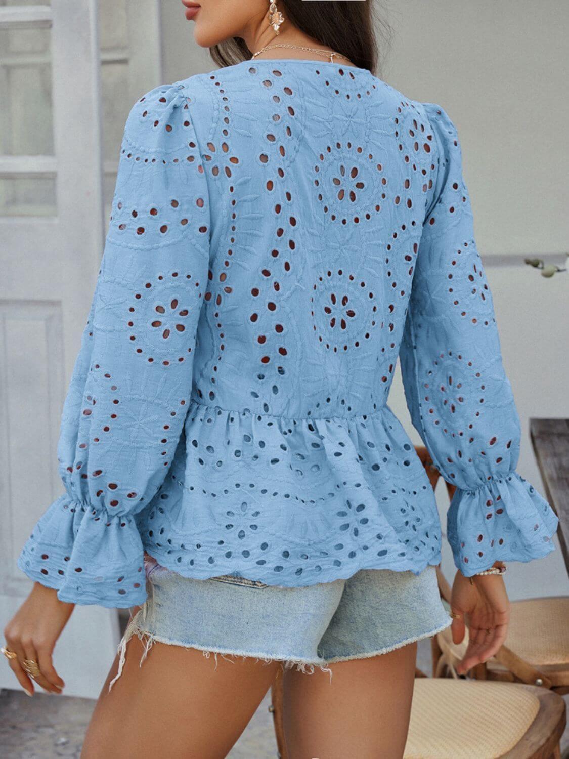 Devine Tie Front Flounce Sleeve Peplum Blouse - Clothes For Her Online Store