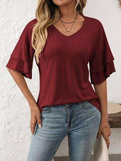 Mandy V-Neck Ruffle Half Sleeve Top - Clothes For Her Online Store