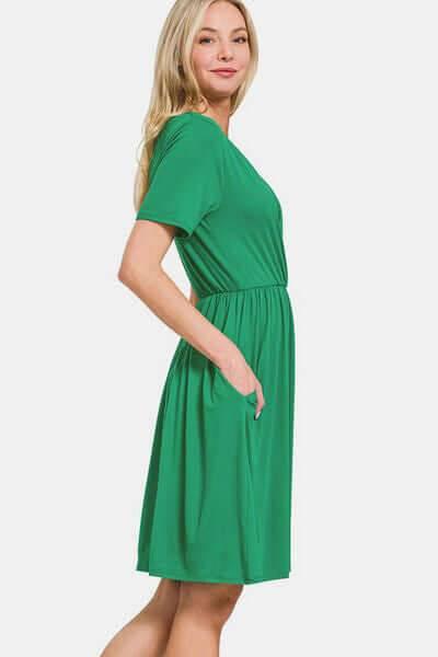 Zenana Surplice Short Sleeve Brushed DTY Dress - Clothes For Her Online Store