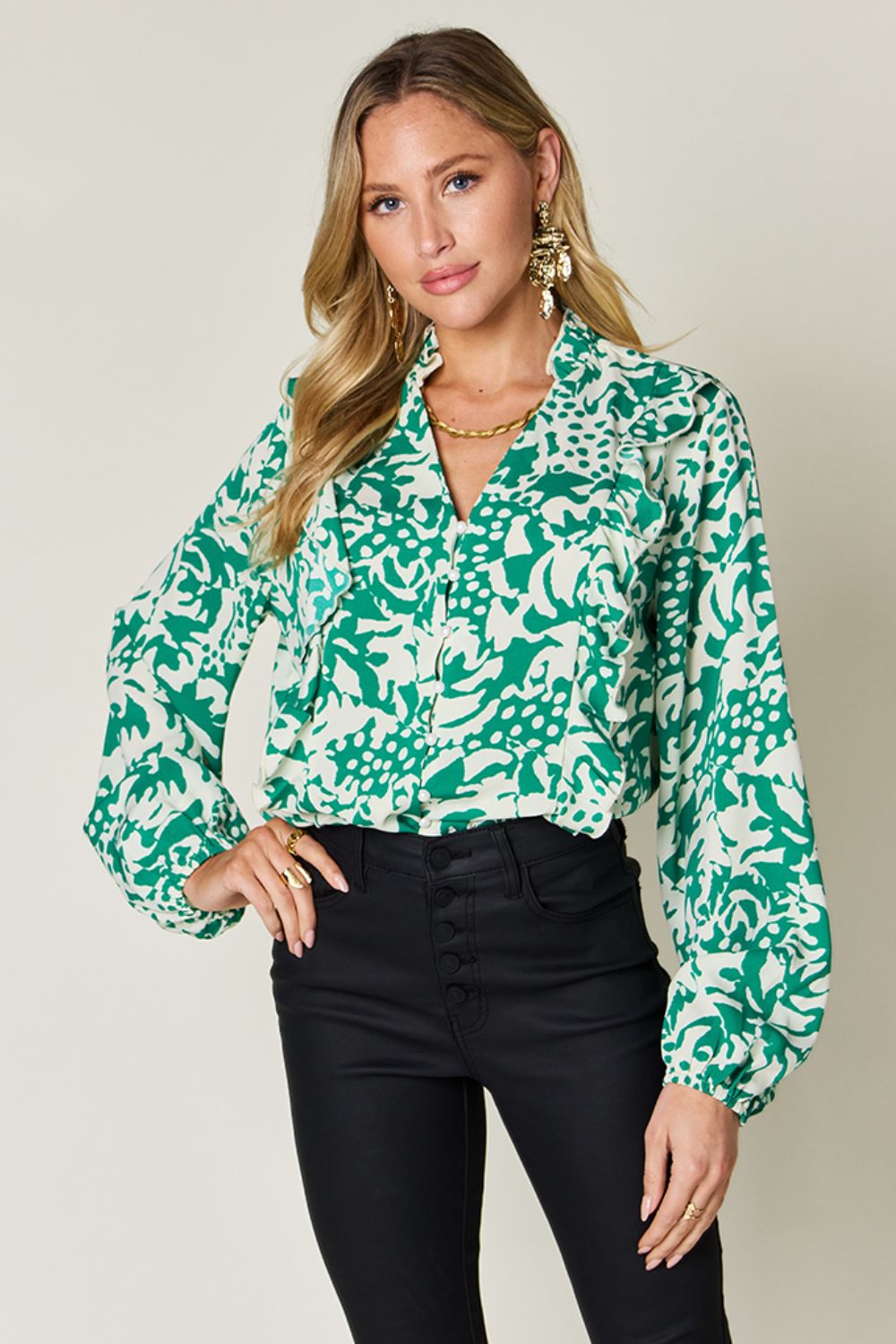 Double Take Full Size Printed Ruffle Trim Balloon Sleeve Shirt - Clothes For Her Online Store
