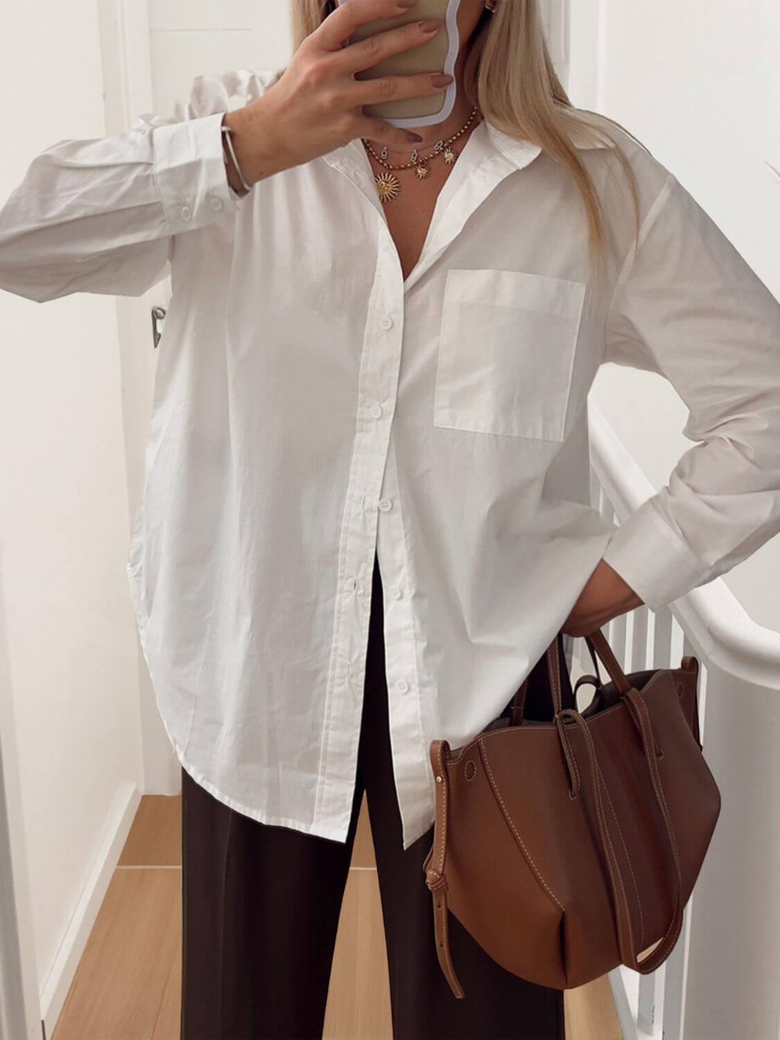 Devine Collared Neck Long Sleeve Shirt - Clothes For Her Online Store