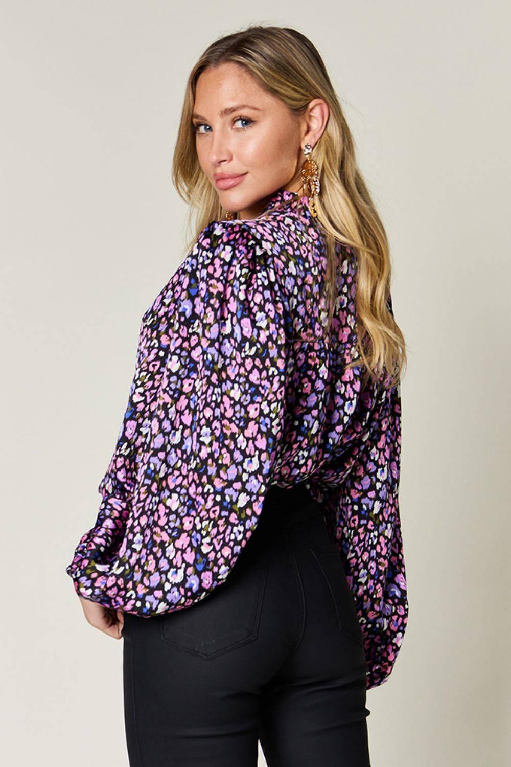 Double Take Full Size Printed Balloon Sleeve Shirt - Clothes For Her Online Store