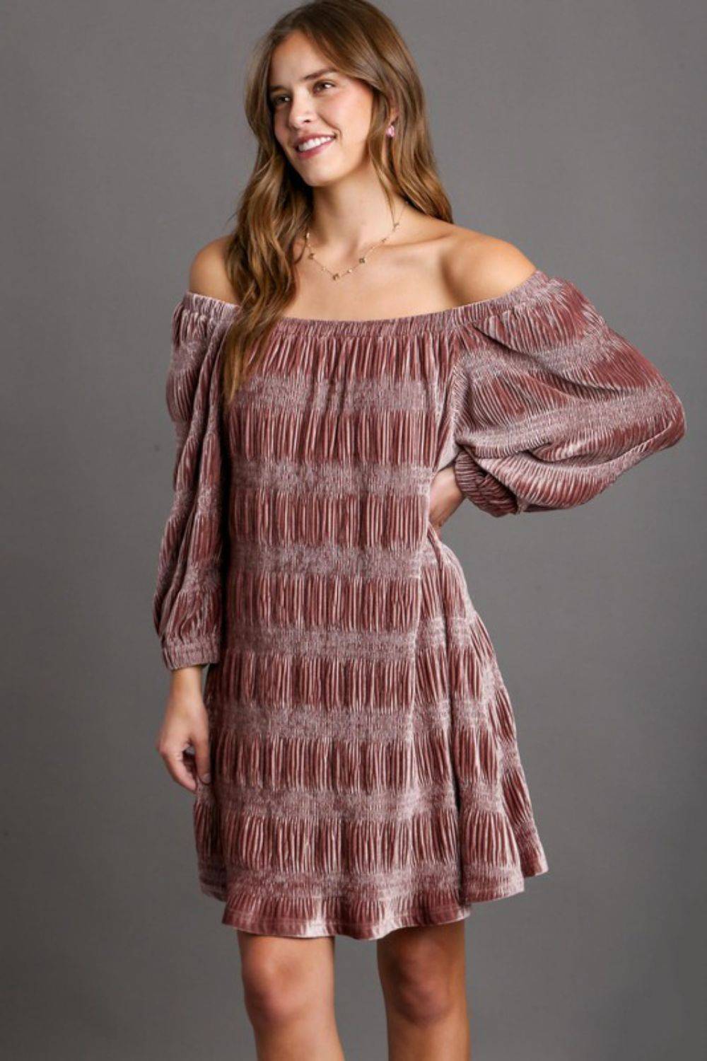 Umgee Off-Shoulder Balloon Sleeve Velvet Mini Dress - Clothes For Her Online Store