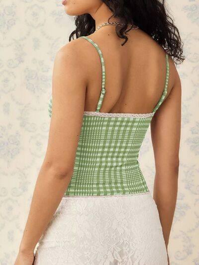 Lace Detail Plaid Square Neck Cami - Clothes For Her Online Store