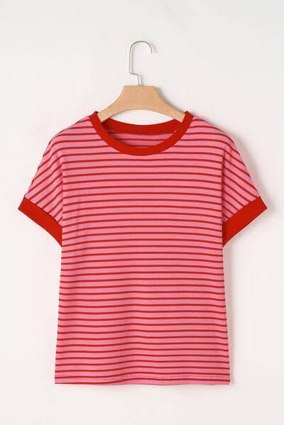 Contrast Striped Round Neck Short Sleeve T-Shirt - Clothes For Her Online Store