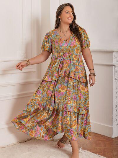 Plus Size Printed V-Neck Short Sleeve Maxi Dress - Clothes For Her Online Store