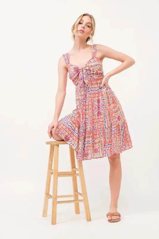And The Why Tied Front Smocked Back Tiered Boho Printed Dress - Clothes For Her Online Store