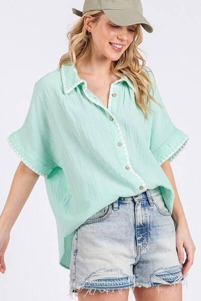 SAGE+FIG Boho Contrast Zigzag Trim Gauze Button-Up Shirt - Clothes For Her Online Store