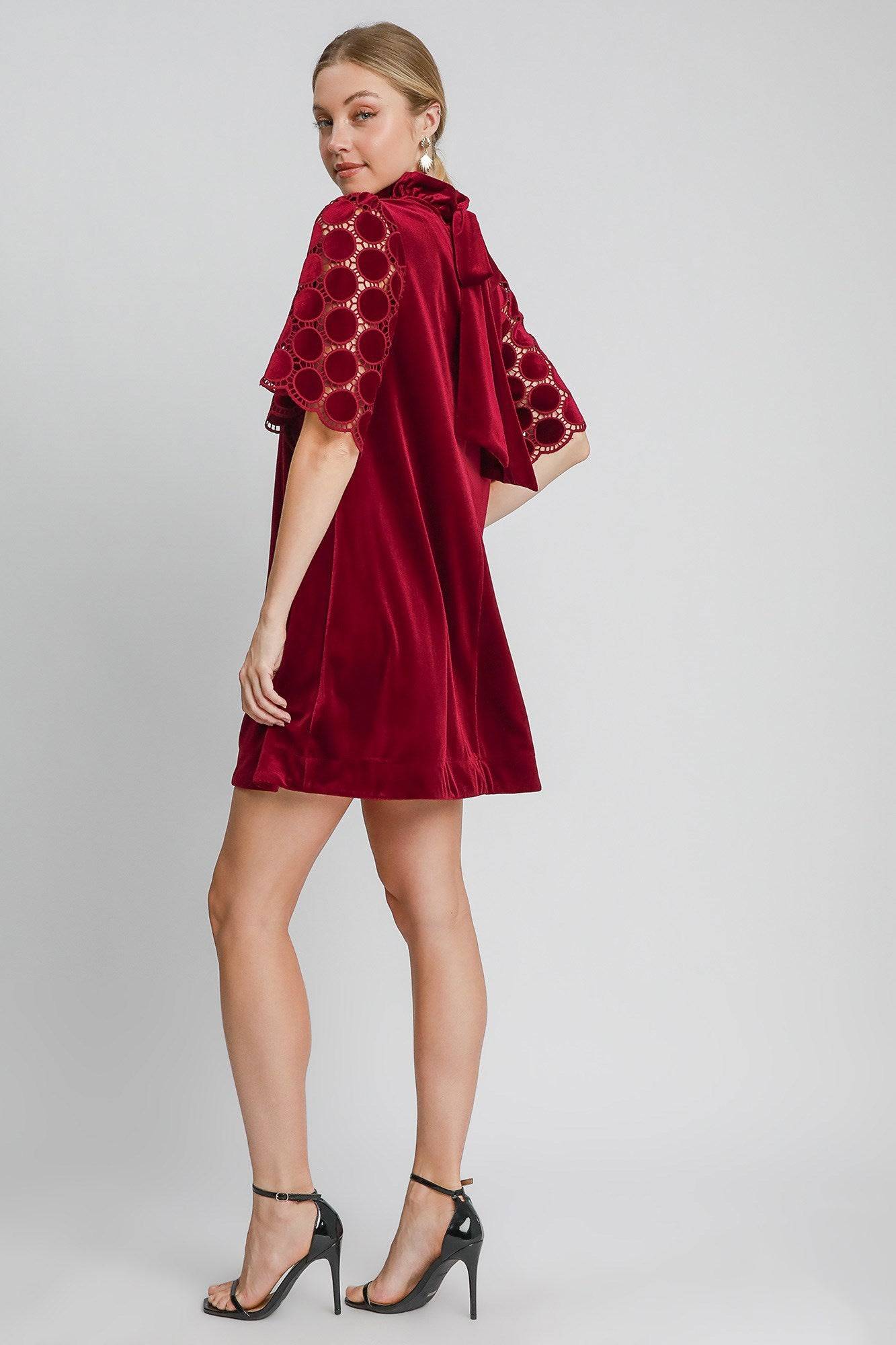 Umgee Dotted Lace Half Sleeve Mock Neck Back Tie Velvet Dress - Clothes For Her Online Store