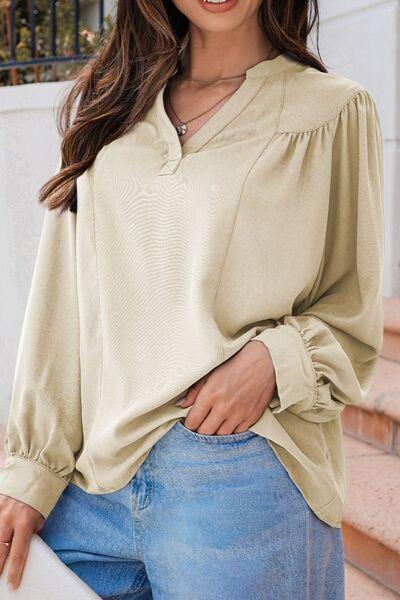 Lantern Sleeve Notched V Neck Ruched Blouse - Clothes For Her Online Store