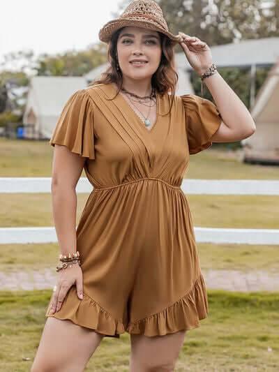 Plus Size Ruffled V-Neck Short Sleeve Romper - Clothes For Her Online Store