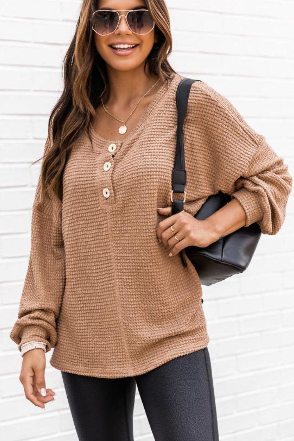 Slit Waffle Knit Long Sleeve T-Shirt - Clothes For Her Online Store