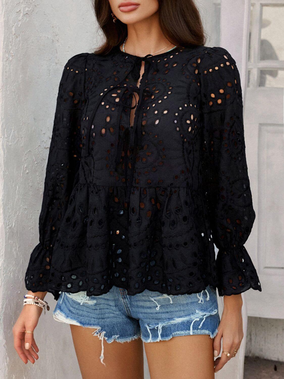 Devine Tie Front Flounce Sleeve Peplum Blouse - Clothes For Her Online Store