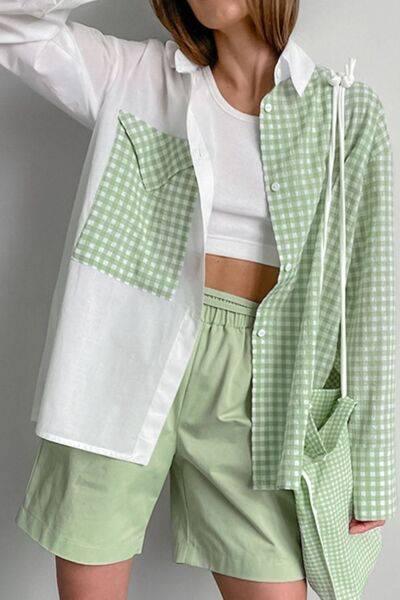 Two-Tone Plaid Button Down Long Sleeve Shirt - Clothes For Her Online Store