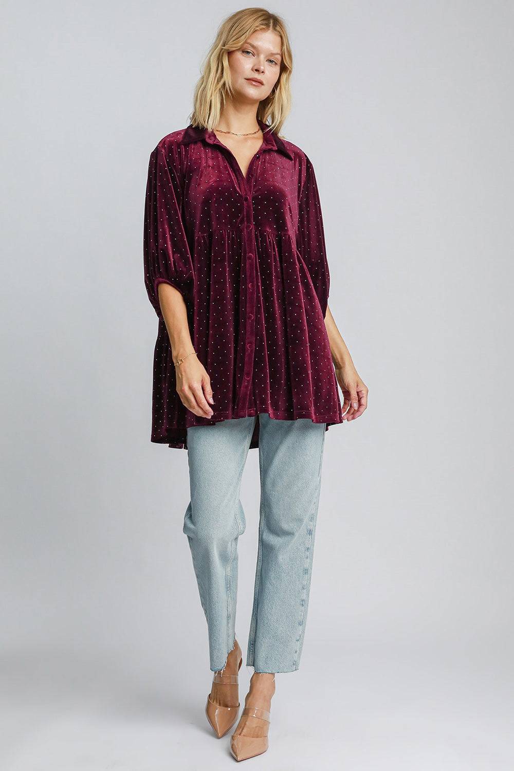 Umgee Full Size Polka Dot Button Up Half Sleeve Shirt - Clothes For Her Online Store