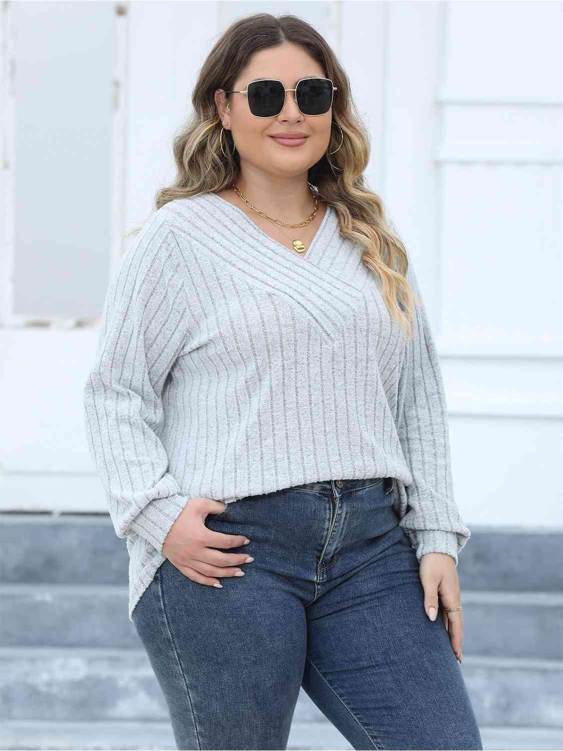 Plus Size Ribbed V-Neck Long Sleeve Top - Clothes For Her Online Store