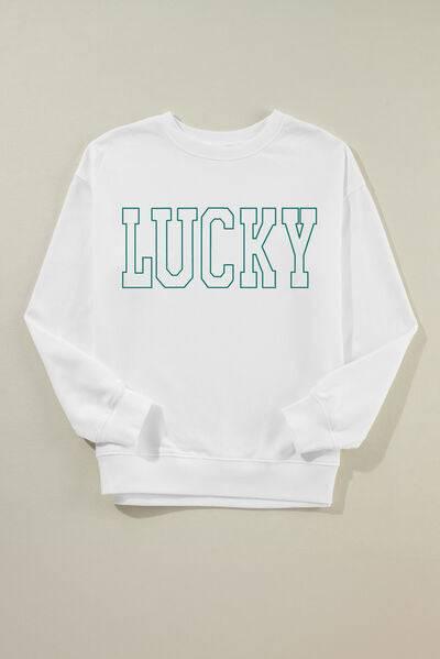 LUCKY Graphic Round Neck Long Sleeve Sweatshirt - Clothes For Her Online Store